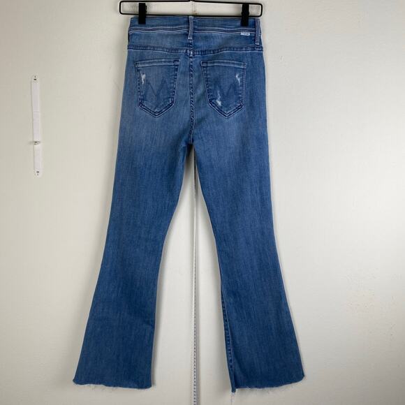 🛑SOLD🛑 Mother The Weekender Fray Jeans Size 25 Graffiti Girl Blue Mid Rise Flare - Picture 8 of 14